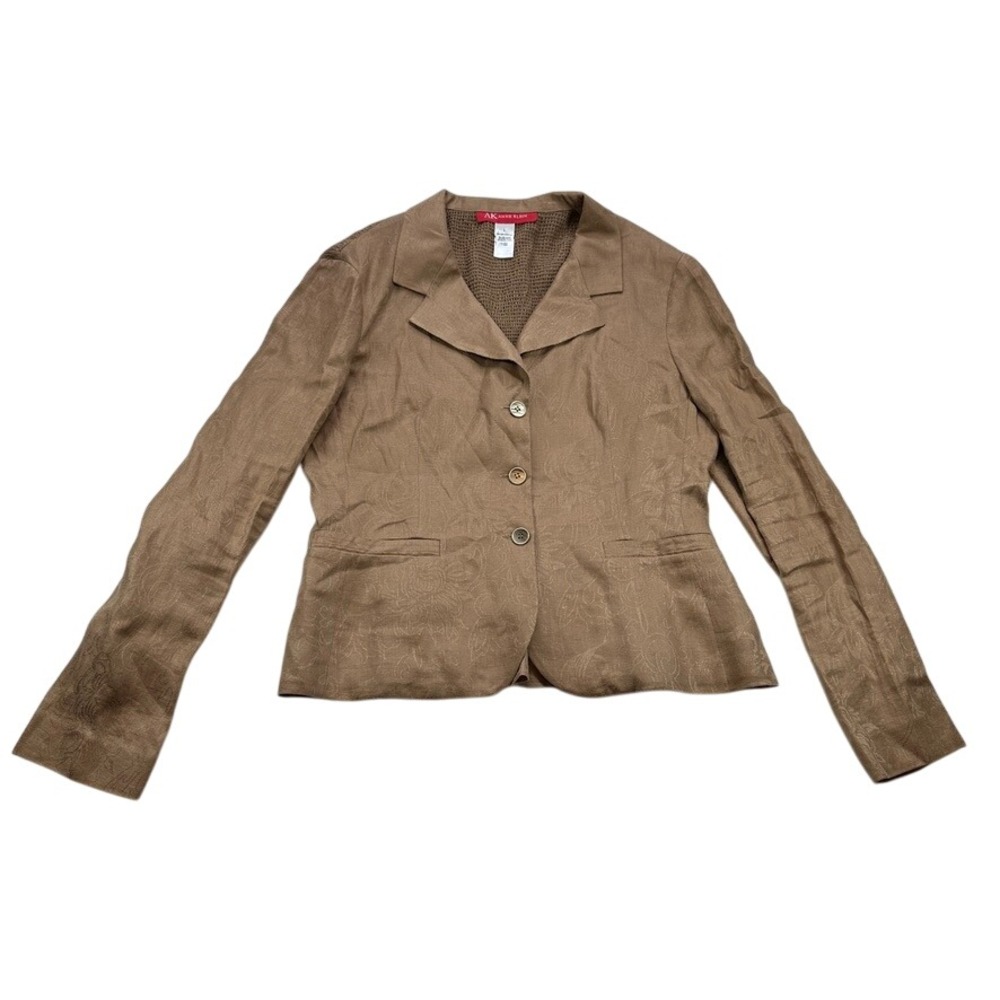AK Anne Klein‎ Vintage Linen Blend Jacquard Blazer Tan Brown Button Front Size L